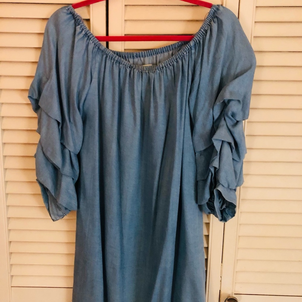 Zara Denim Dress Ruffled Blouse with Off-the-Shoulder Neckline
